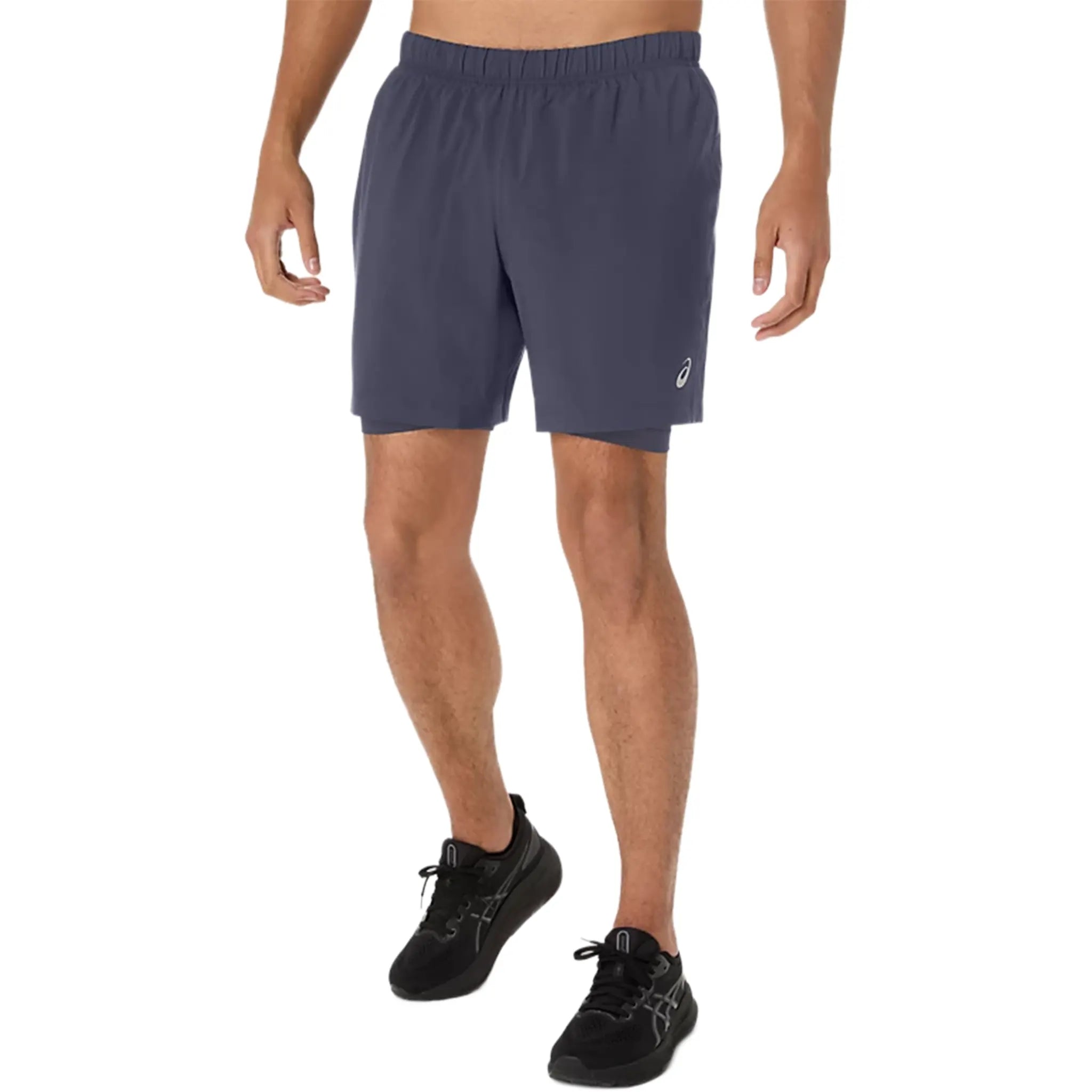 Front View of Asics Sport 2 In 1 Indigo Fog Running Shorts 2011D344_500
